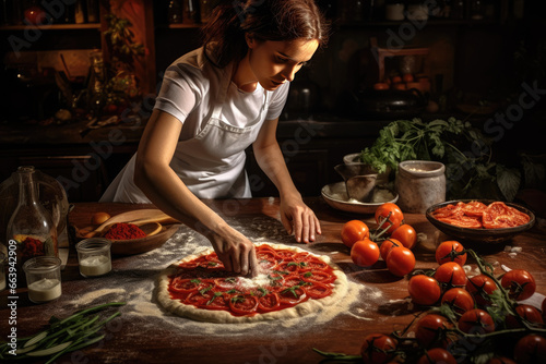 chef spreading tomato sauce on dough while preparing pizza