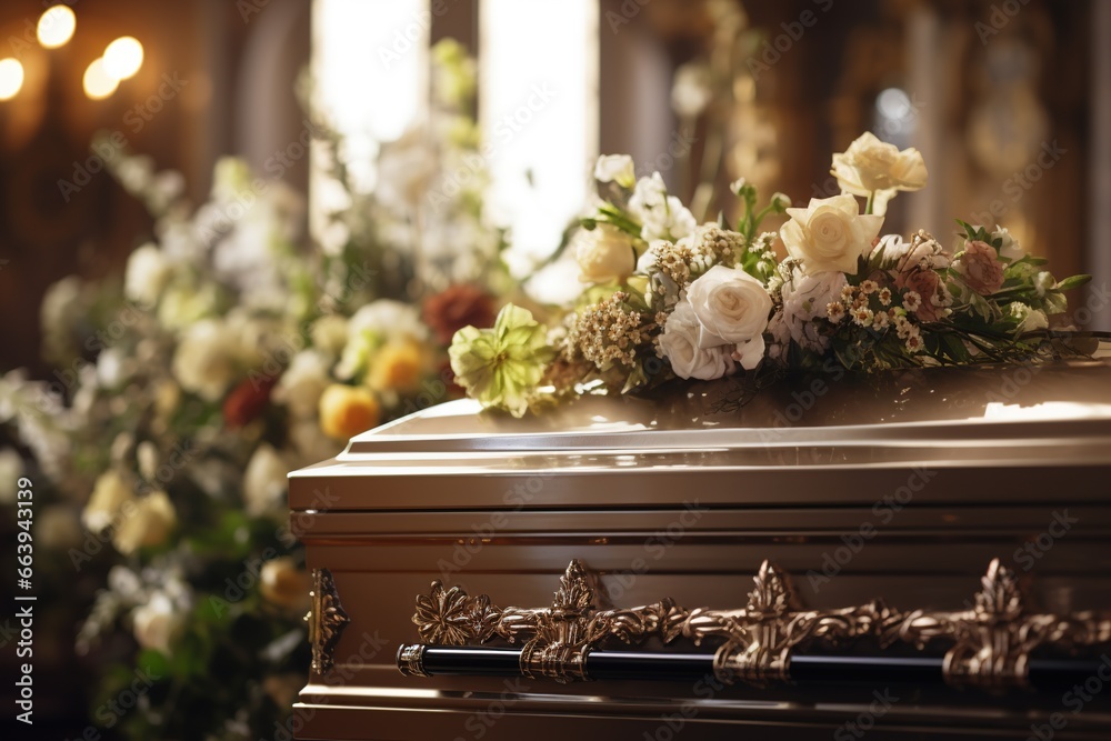 Beautiful flowers in a coffin at a funeral