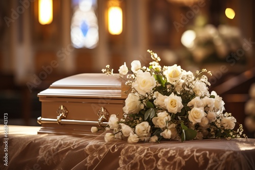 Beautiful flowers in a coffin at a funeral