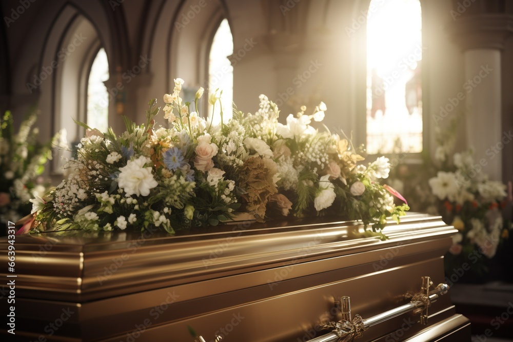 Beautiful flowers in a coffin at a funeral