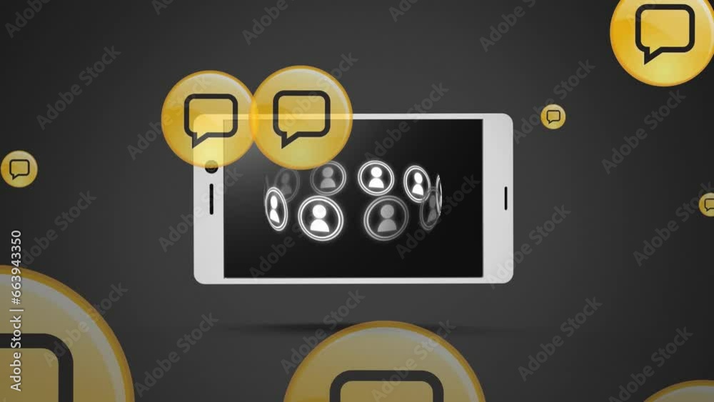 Animation of speech bubble icons over smartphone on black background Animation of speech bubble icons over smartphone on black background