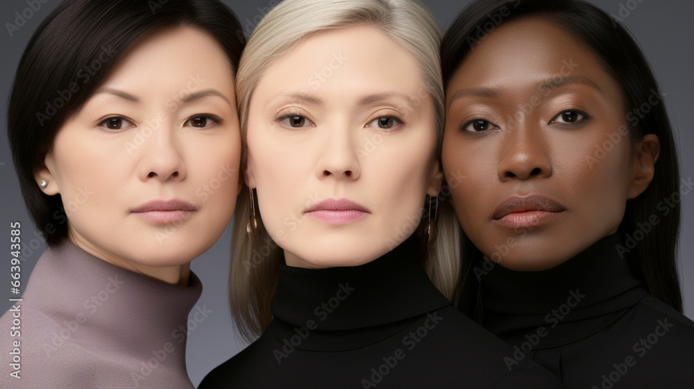 three women of different ethnicities standing next to each other, posing for a picture. They are all wearing black tops, and their facial expressions are serious and focused three women of different ethnicities standing next to each other, posing for a picture. They are all wearing black tops, and their facial expressions are serious and focused