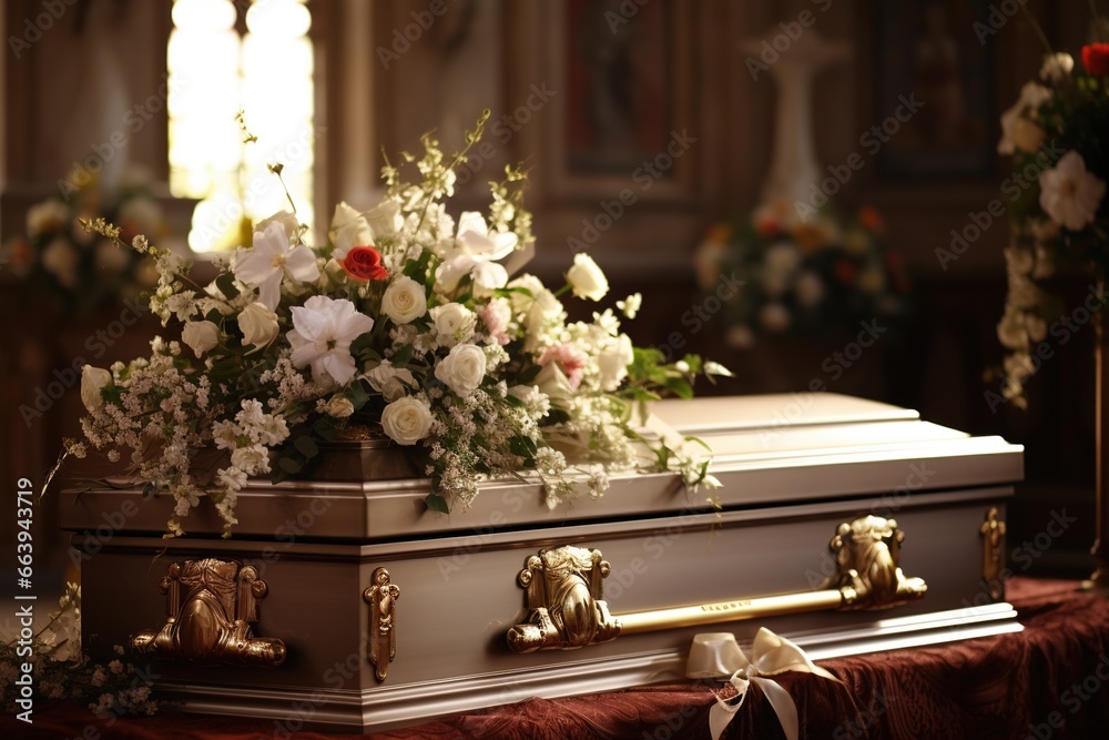 Beautiful flowers in a coffin at a funeral Beautiful flowers in a coffin at a funeral