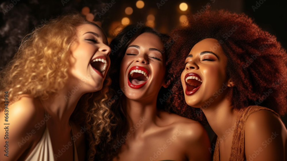 three beautiful young women, all with different ethnicities, standing close to each other and laughing together. They appear to be enjoying a fun and lively moment,