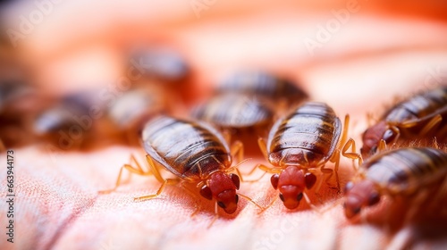 Macro view of bed bugs on pillow fabric
