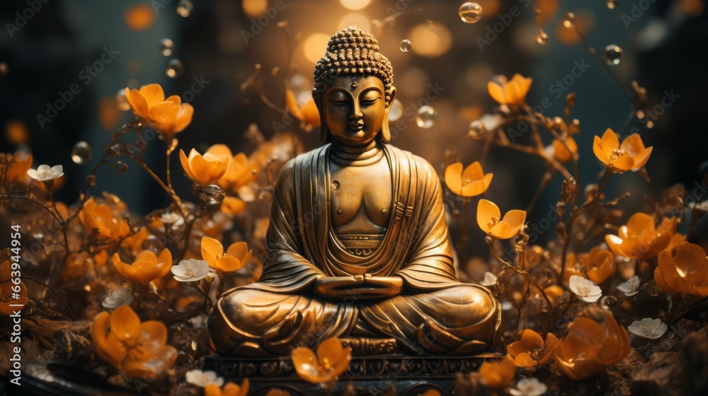 Bronze meditation Buddha statue post with candles and flowers on natural background. 