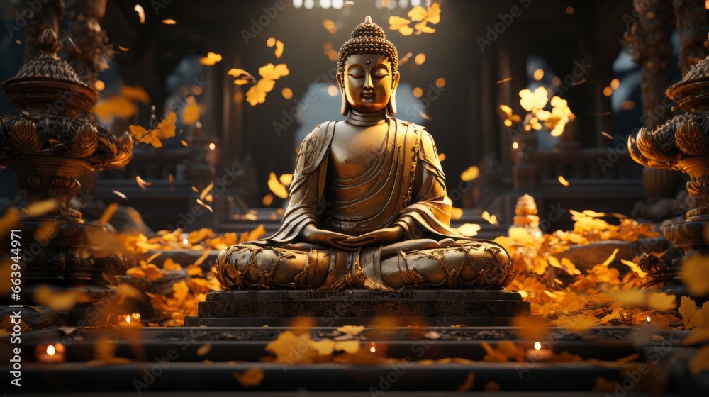 Bronze meditation Buddha statue post with candles and flowers on natural background. 
