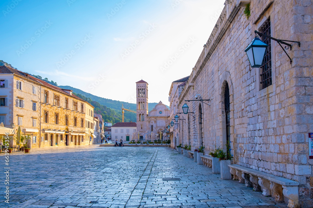 Main square in old medieval town Hvar. Hvar is one of most popular tourist destinations in Croatia in summer.