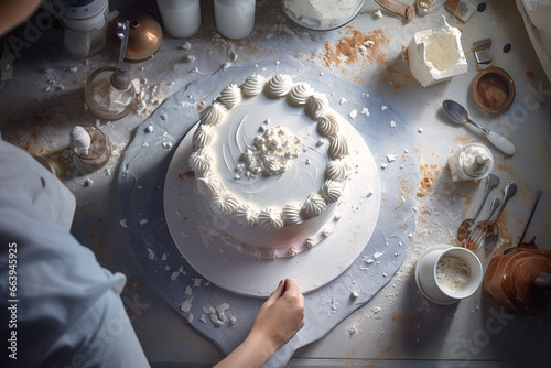 Human hand decorating a cream cake