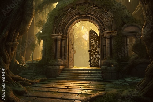 Rasterized illustration depicting ancient arch, pillars, runes, and portal to fantastical world with magical medieval gates. Generative AI © Percival