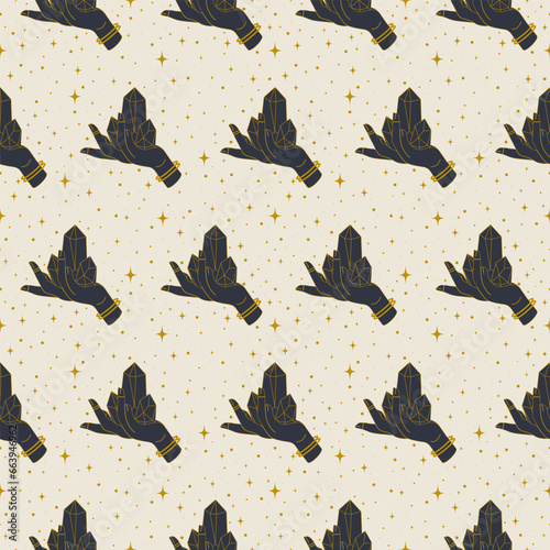 Seamless tribal pattern with mystic hands on beige background. Mystic wallpaper, Halloween art.