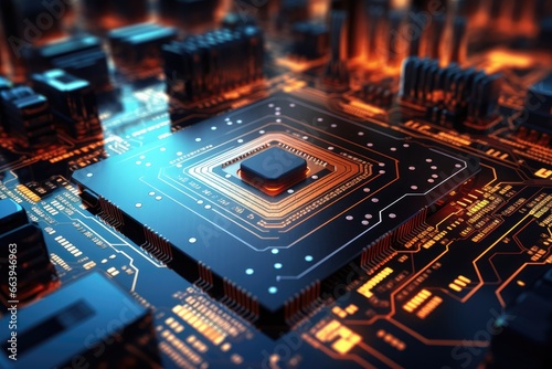 Circuit board with microchips and electronic components. 3d rendering, Futuristic circuit board and microchip with glowing data transfer board, AI Generated photo