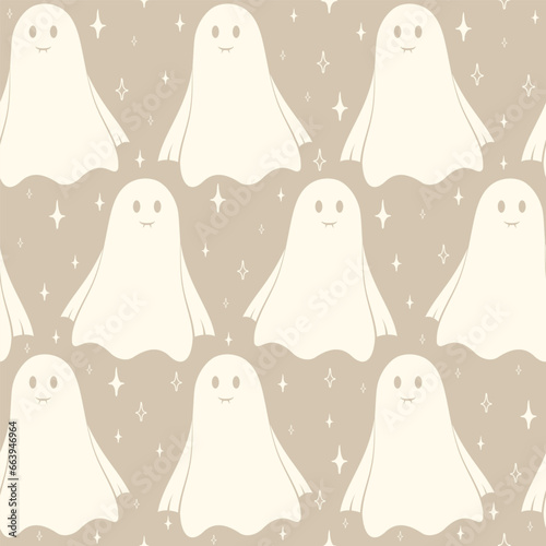 Doodle cute flying ghost Haloween beige seamless pattern. Background with simple spooky characters