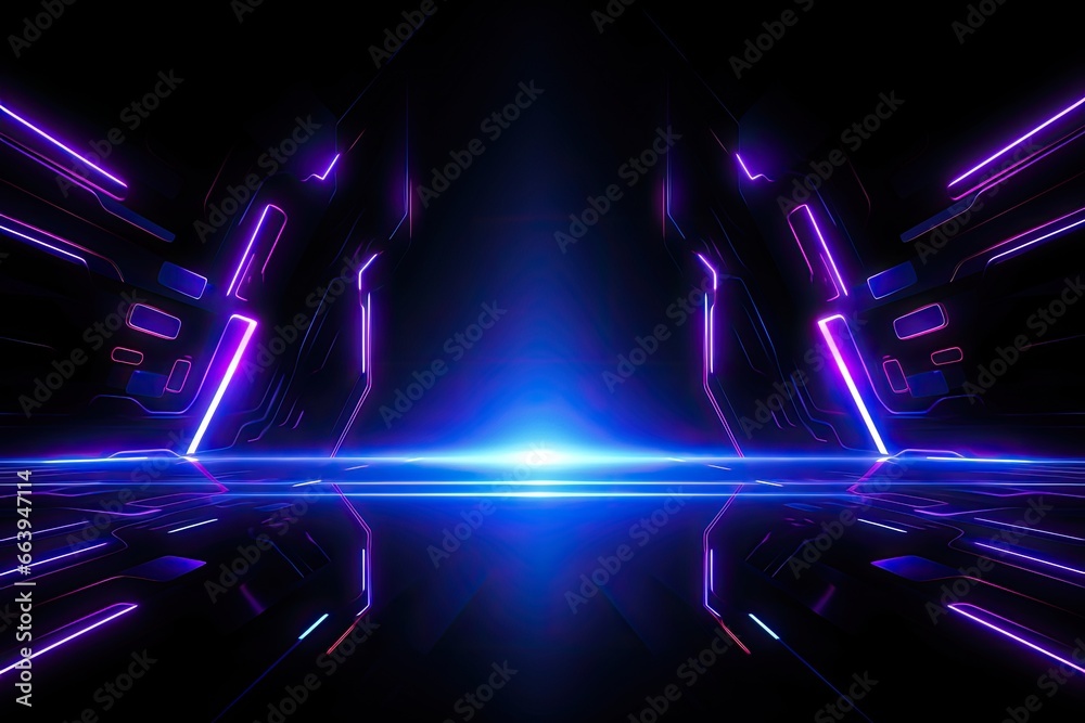Naklejka premium abstract futuristic tunnel with neon lights and reflections 3d rendering background, Futuristic Sci-Fi Abstract Blue And Purple Neon Light background, AI Generated