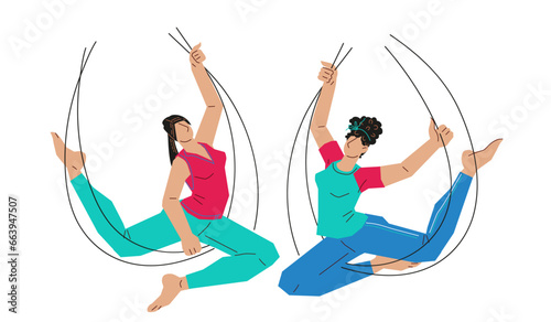 Aerial or fly yoga in canvas hammocks workout and fitness practice. Women doing acrobatic poses or asana on aerial hammocks for yoga, flat vector illustration isolated on white background.