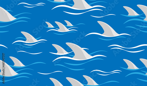 Shark fin silhouette and waves seamless pattern. Vector illustration.