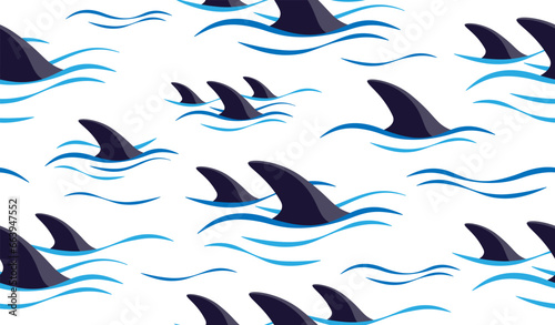 Shark fin silhouette and waves seamless pattern. Vector illustration.