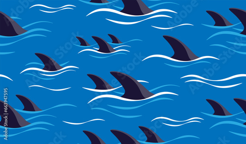 Shark fin silhouette and waves seamless pattern. Vector illustration.