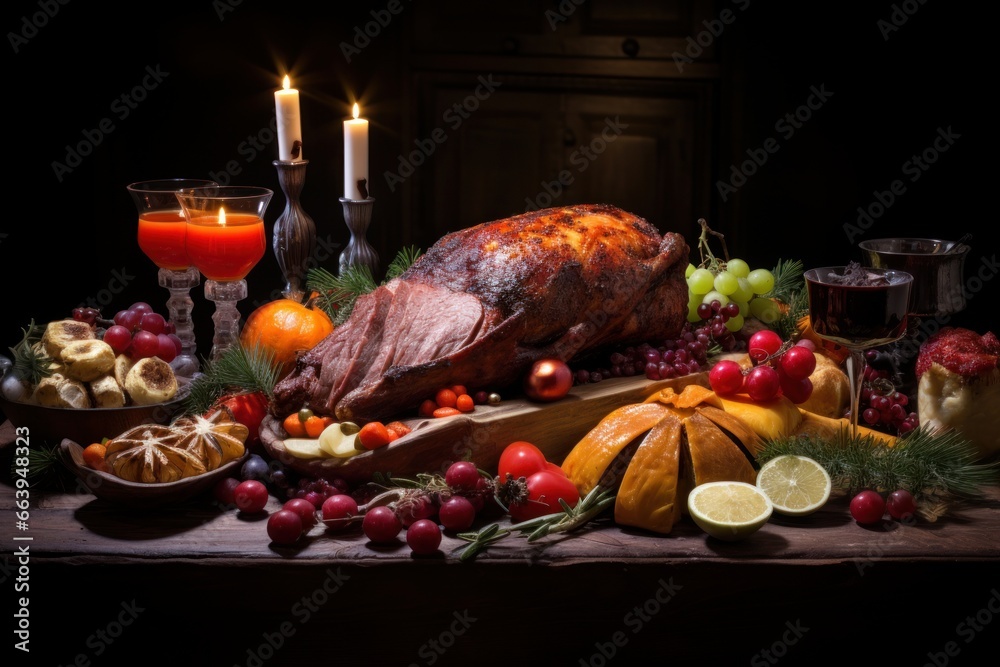 Table with traditional Christmas food.