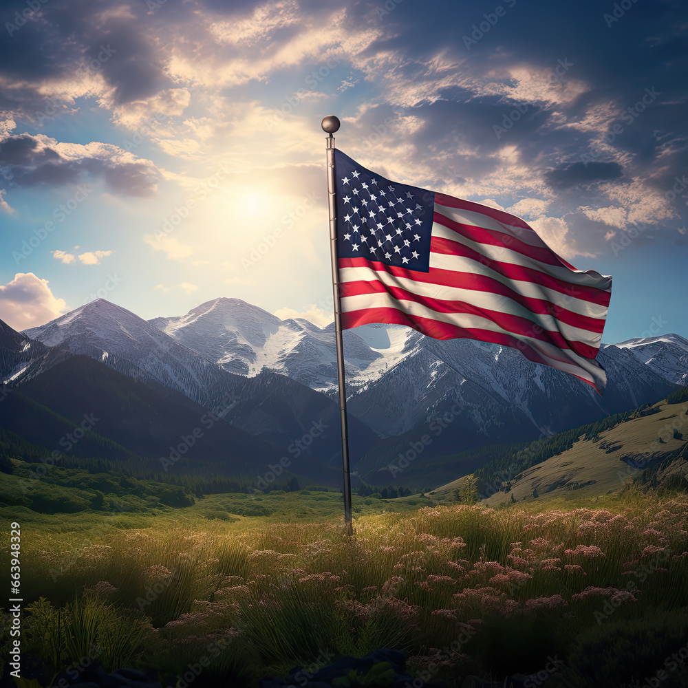 USA Flag in Serene Mountain Landscape