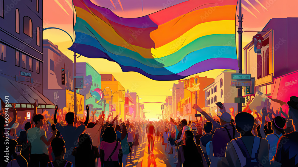 Vibrant LGBTQ Flag Hanging Over a Busy Street Vibrant LGBTQ Flag Hanging Over a Busy Street