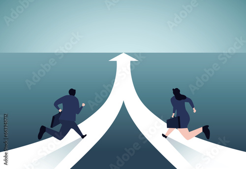 Competition and team work. Two people are racing.