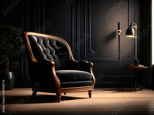Black wooden armchair in luxurious living room.