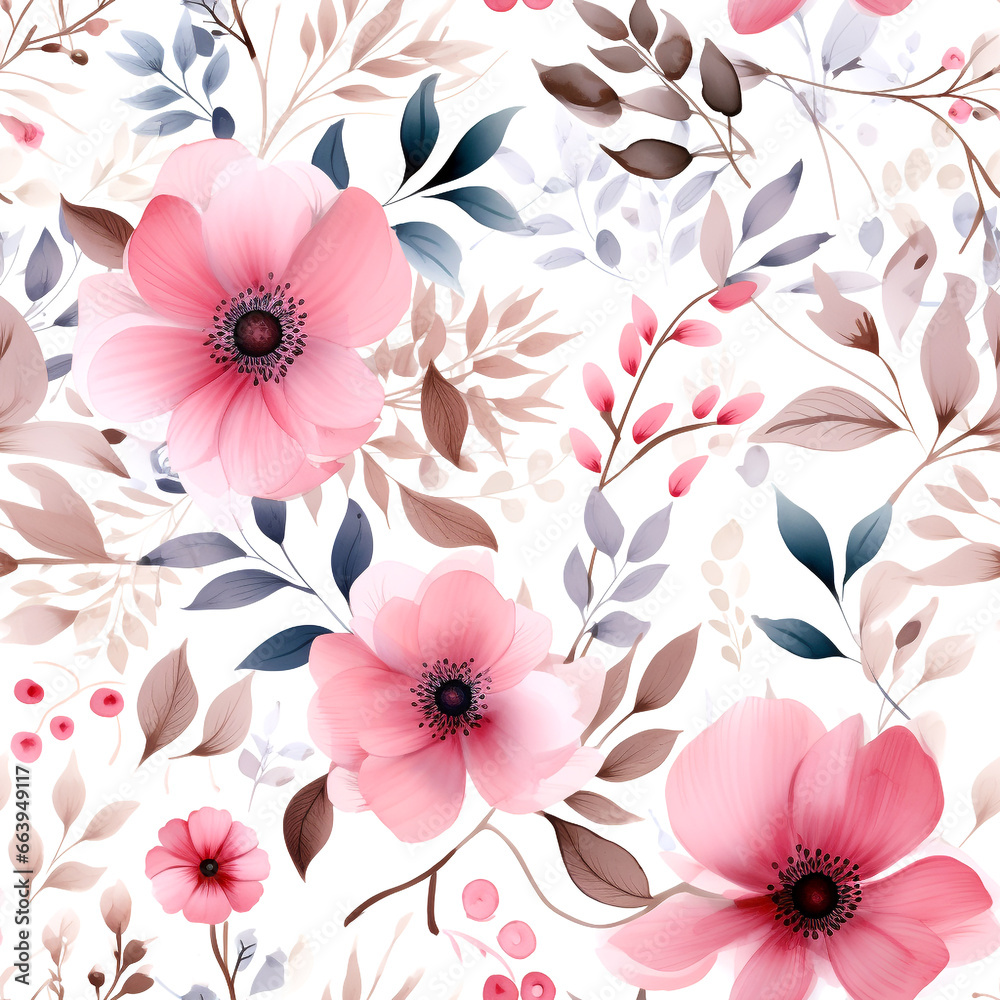 Seamless pattern Pink flowers and leaves swirling on a white background ,water color
