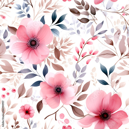 Seamless pattern Pink flowers and leaves swirling on a white background ,water color © Sirichai Puangsuwan