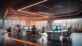 Futuristic technology open space office interior. Corporate office for strategy of finance, operations, marketing.