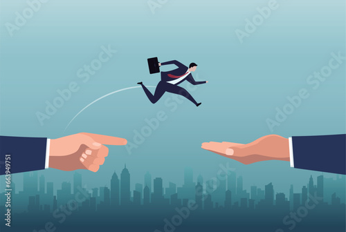 Businessman is jumping to another side. Safe and reliable.