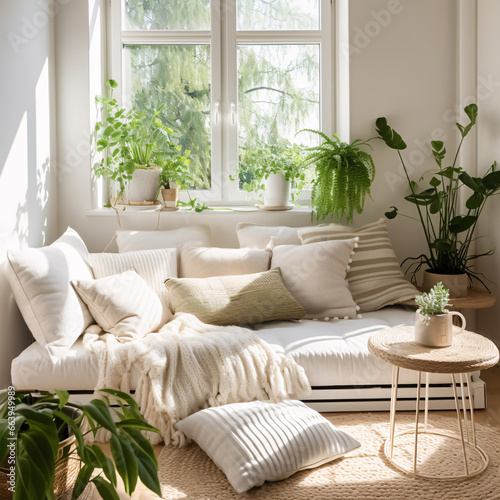 Interior of modern living room with sofa and plants. © Hung