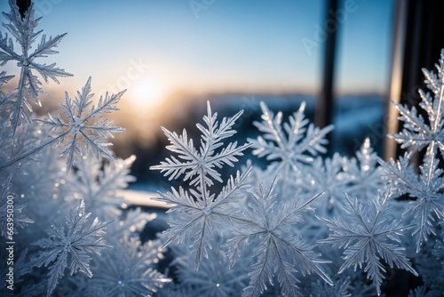 Nahaufnahme des komplexen Musters von Frostkristallen auf einem gefrosteten Fenster.