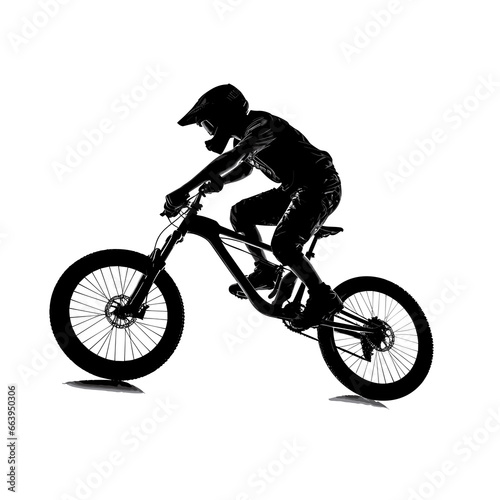 Black silhouette of a young BMX athlete performing tricks and jumps with a helmet and protective gear © Marco