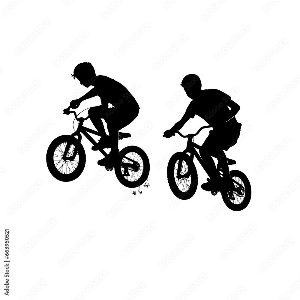 Black silhouette of a young BMX athlete performing tricks and jumps with a helmet and protective gear Black silhouette of a young BMX athlete performing tricks and jumps with a helmet and protective gear