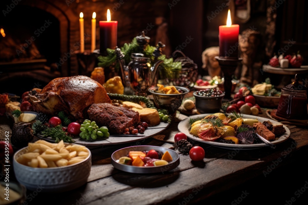 Table with traditional Christmas food and decoration.