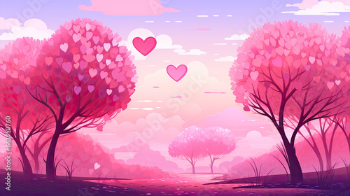 Valentines day pink background with heart shaped trees and clouds.