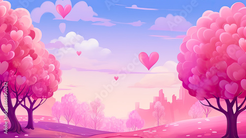 Valentines day pink background with heart shaped trees and clouds.