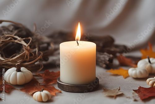burning candle, symbol of the moon, small pumpkins with autumn leaves lying light natural background.. Slavic traditions. photo Playground AI platform