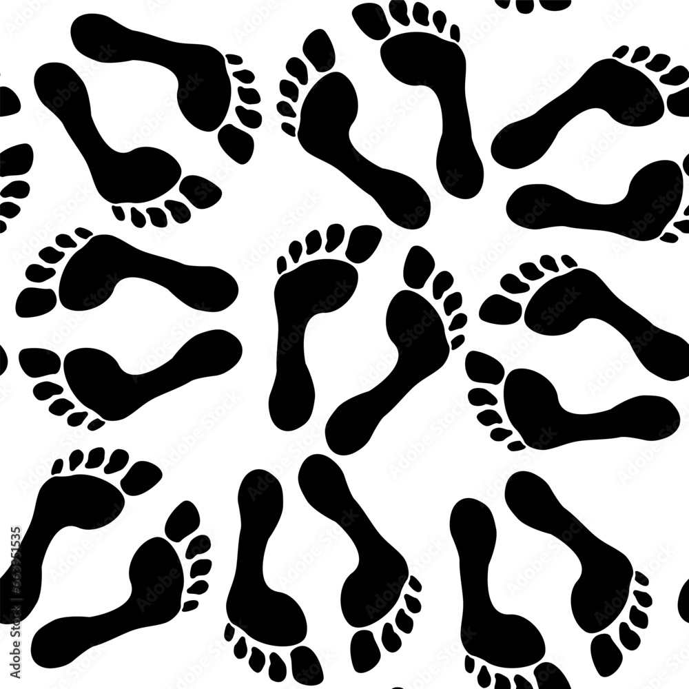 Human Barefoot Foot seamless pattern. Imprint silhouette on white background.
