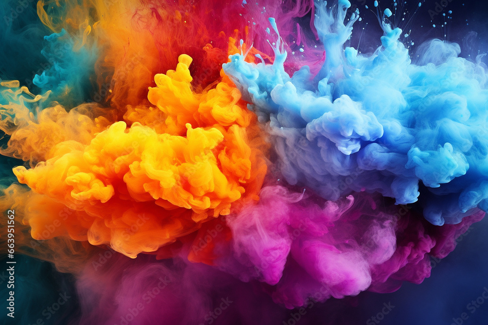 Exploding liquid paint in rainbow colors with splashes