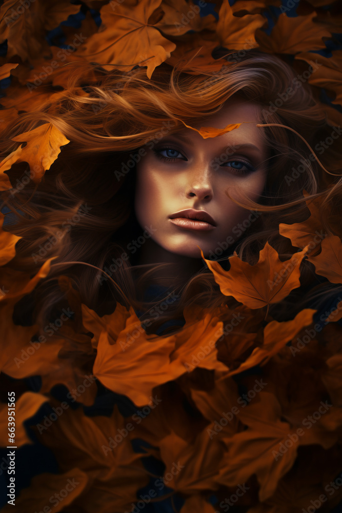 Autumn Mood, A beautiful face of a model surrounded by fall leaves and colors.