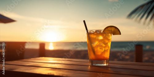Cocktail on the sunset beach with palm tree and sea background.