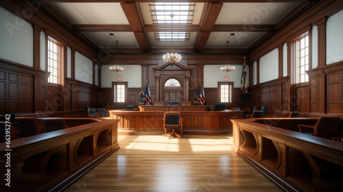 Empty American Style Courtroom. Supreme Court of Law and Justice Trial Stand. Courthouse Before Civil Case Hearing Starts. Grand Wooden Interior with Judges Bench, Defendants and Plaintiffs Tables. photo