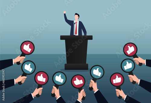 Campaign speech. The topic was adopted .Election, vote, lecture. Many Hands holding signs.thumbs up, Flat cartoon business success illustration. Social media marketing.