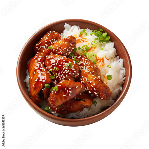 Teriyaki chicken with rice on a white background