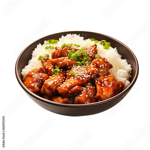 Teriyaki chicken with rice on a white background