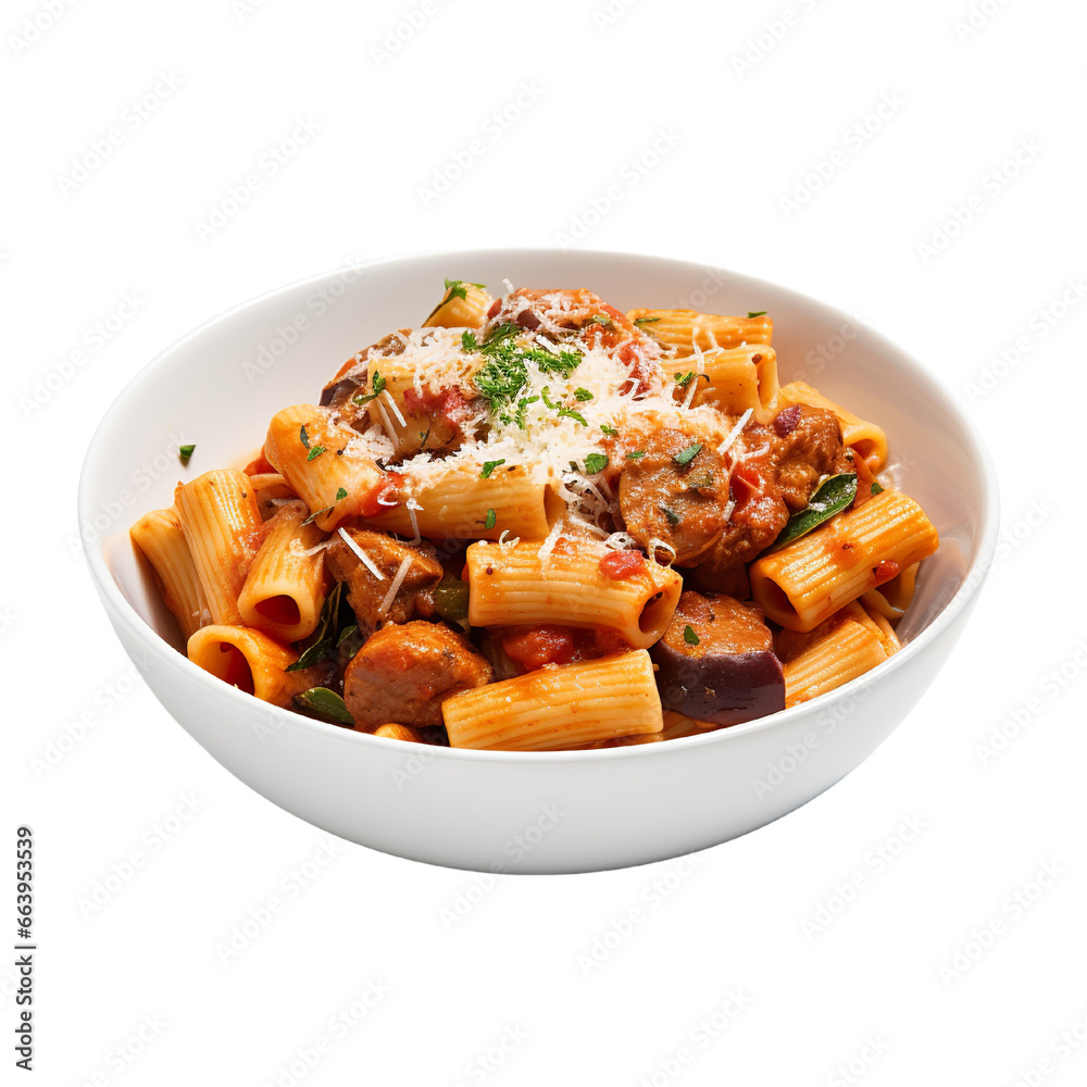 Rigatoni with sausage on a white background Rigatoni with sausage on a white background