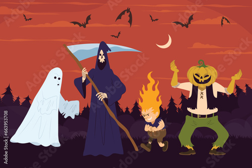 flat characters collection halloween season design vector illustration