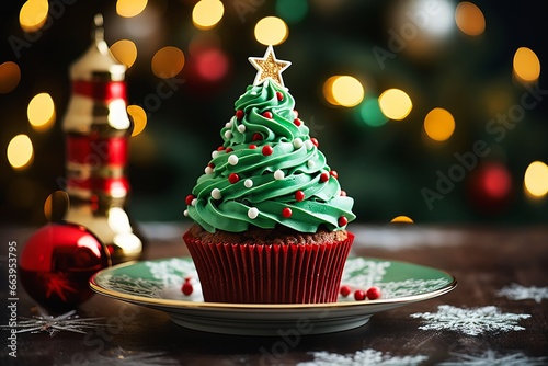 cupcake green frosting star top famous illustration tall tree table front cup event bite aliased sugary sweet happy photo